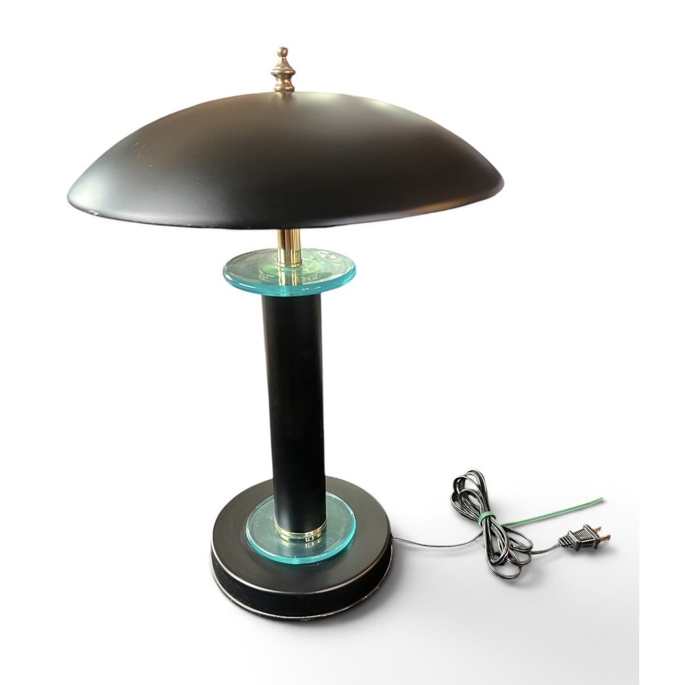 Art Deco Style Black Dome Table Lamp Aqua Teal Glass Gold Tone 19" Postmodern
